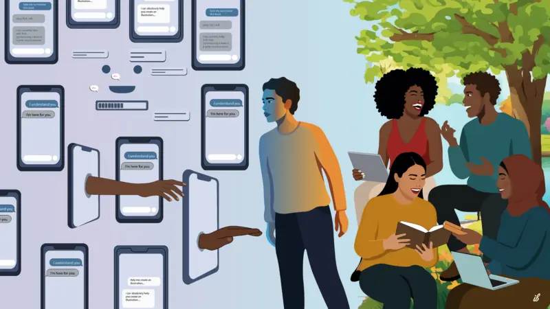 Young people talking under a tree with books while cellphones encourage them to turn away from personal contact. Image by Ibrahim Kizza for the Association for Progressive Communications (APC), used with permission.