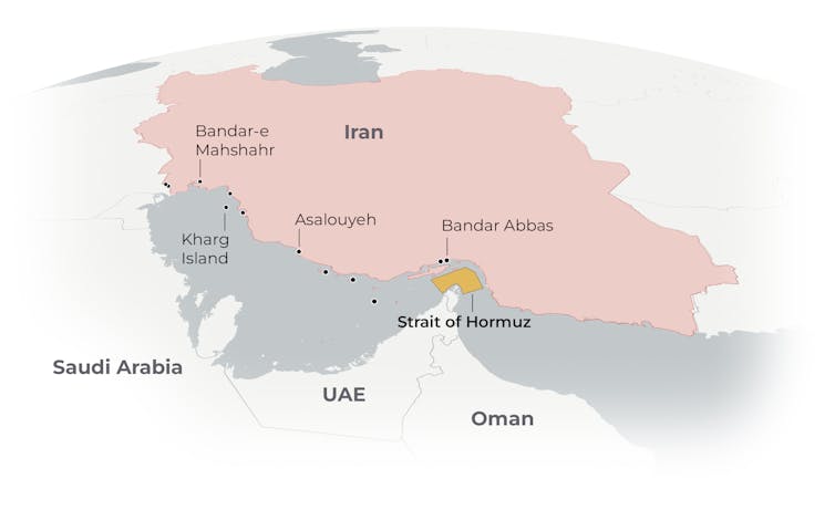 Major Iranian ports, oil terminals and coastal refineries