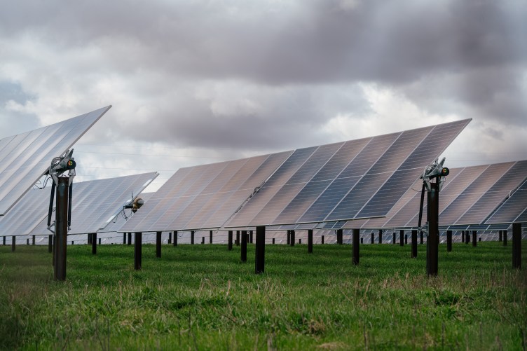 Rows of solar panels are tilted toward the sky on a cloudy day amid a field of grass.