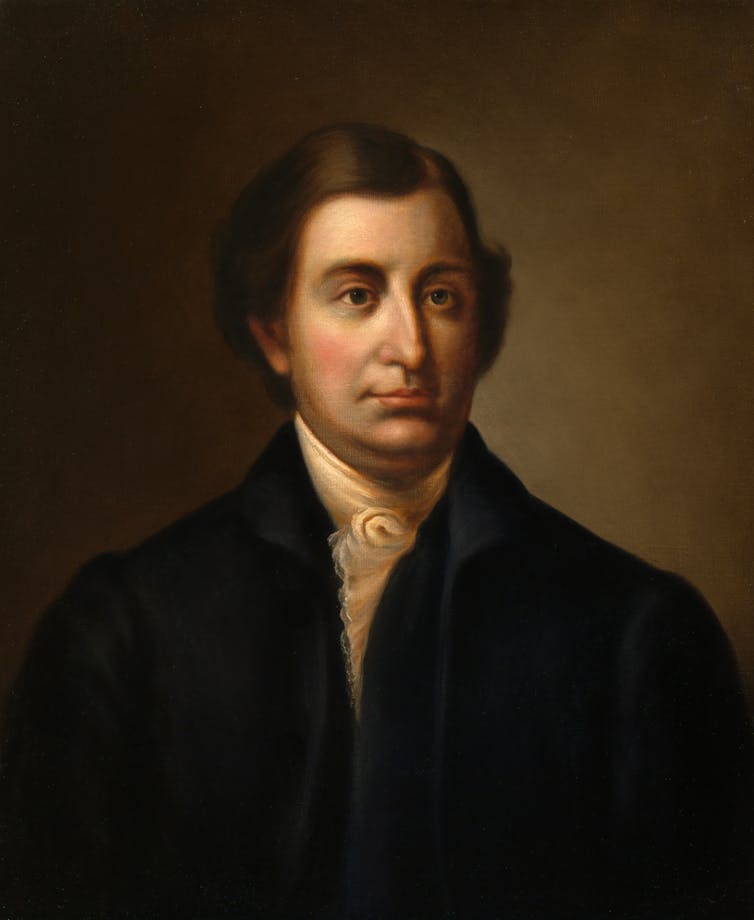 A formal portrait of a man with dark hair and colonial dress.