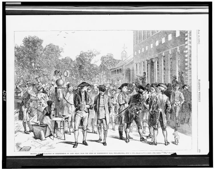 A black-and-white illustration of a square outside a building, with men in tricorner hats and coats standing around, while a few cheer.