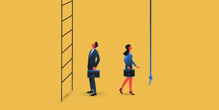 An illustration of a woman and a man in work clothes. The man is looking up a ladder, while the woman is walking toward a rope dangling down