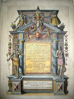 An ornate title page looks like a stone monument, with figures with colored clothing positioned around it.