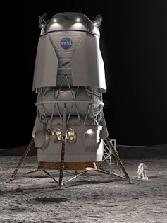 An illustration of a tall, cylindrical lander with four metal legs supporting it on the lunar surface.