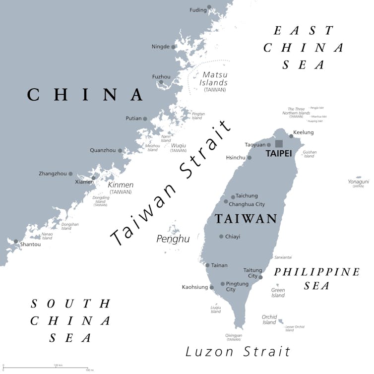 A map of Taiwan, off the coast of China.