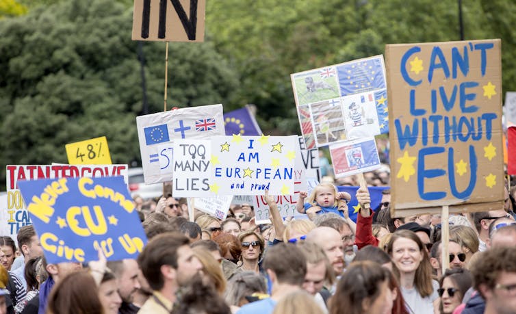crowd of people on a march in support of remain ahead of the brexit vote in 2016.