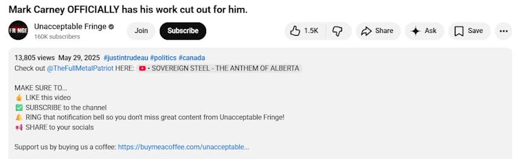 Screenshot of a YouTube channel Unacceptable Fringe that includes the words check out 'Sovereign Steel'