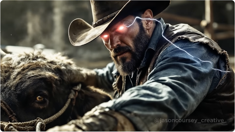 A grim-faced white man in a cowboy hat with lightning bolts shooting from eyes.