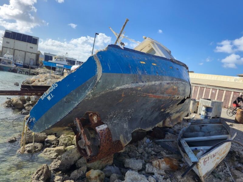 Wrecked fishing vessels at the Bridgetown Fisheries Complex, Barbados. Photo by Linton Arneaud (February 2026), used with permission.