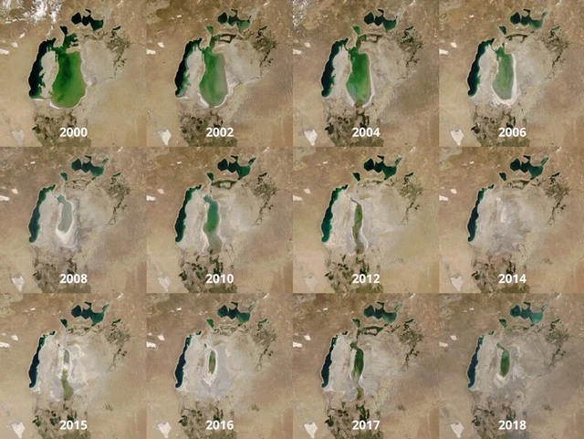 NASA’s Terra and Aqua satellites have been documenting the diminishing of the Aral Sea since 2000. 
