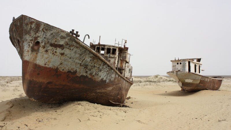 Parts of the Aral Sea, a once-expansive body of water between Kazakhstan and Uzbekistan, have dried up, leaving boats grounded and the region desertified.