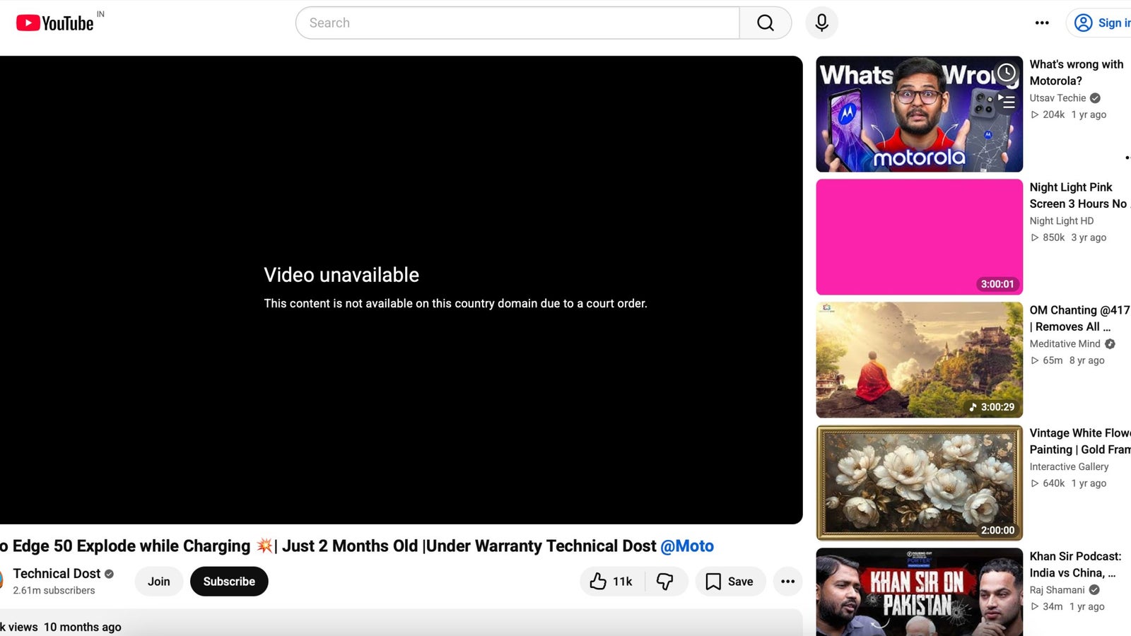 A black screen displaying "Video unavailable" with a message about content not available in the country.