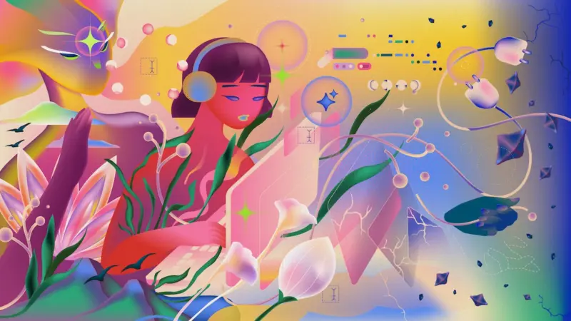 Illustration of a young woman with headphones on her computer with flowers computer cords etc swirling around. Image by Ellena Ekarahendy for APC, used with permission.