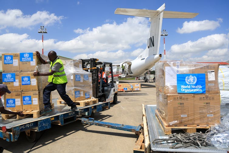 A person in a yellow safety vest with a pallet of cartons bearing blue World Health Organization labels in front of a plane with 'UN' on the tail.