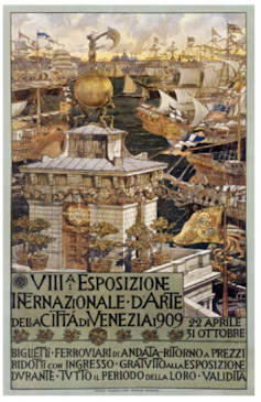 An ornate poster with ships and canals.