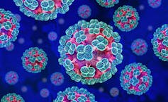 Illustration of a virus that is spherical with bumps on its surface, against a blue background