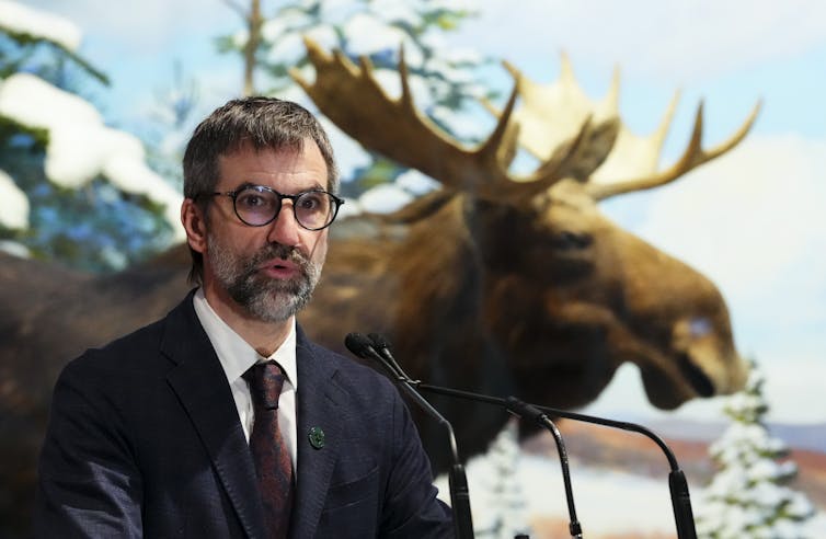 A middle-aged white man with a beard and glasses speaks in front of a podium while standing in front of a mural of a moose