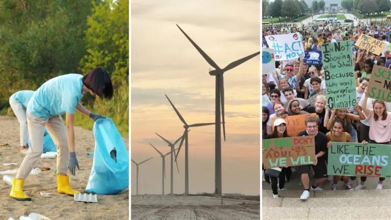 Left: Women participating in a beach cleanup campaign. Middle: Windmills. Right: Youth environmental protesters.