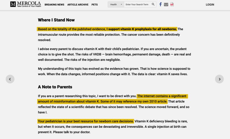 A statement on Mercola’s website reversing his previous stance on vitamin K injections. The highlighted text states that based on the published evidence, the author now supports vitamin K prophylaxis for all newborns and notes that the internet contains misinformation about the topic, including references to the author's own 2010 article.