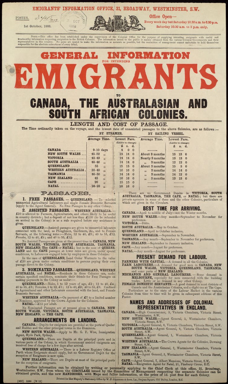 An old newspaper pamphlet headlined General Information Emigrants Canada, the Australasian and South African Colonies