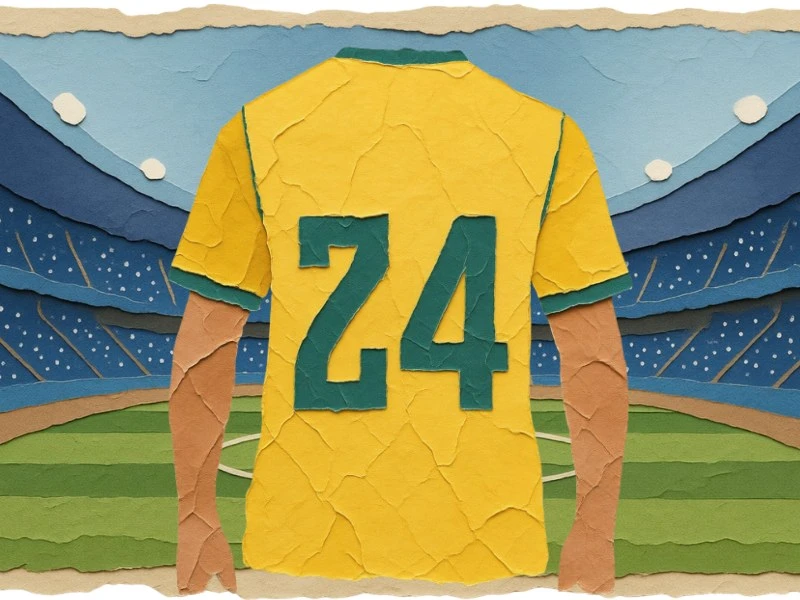 Illustration with a man turned back wearing Brazil's yellow jersey with the number 24 in a stadium