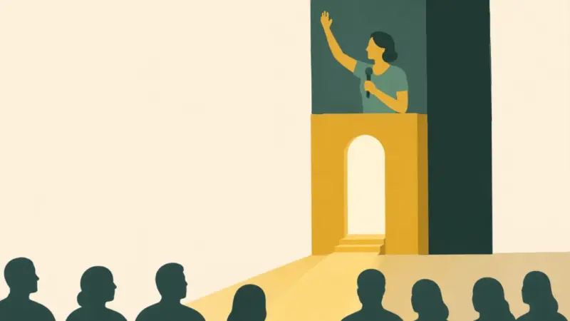 Illustration shows a woman talking in a church pulpit