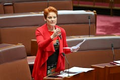 One Nation leader Pauline Hanson speaks during debate in the Senate