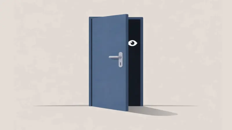 Illustration of a door opening with an eye peeping out from a black background, by UntoldMag, used with permission