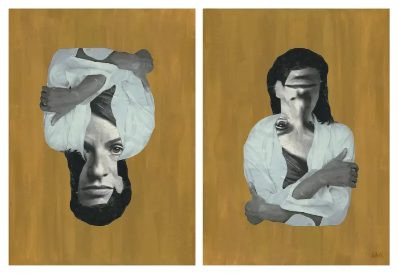 The female gaze, Collage on golden painted wood by Alice Wellinger (2014).