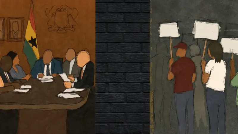 A split illustration shows two contrasting scenes separated by a dark brick wall. On the left, several officials sit around a conference table beneath the Ghana flag in a formal meeting room. On the right, a small crowd of people holds protest signs in a dim outdoor setting.