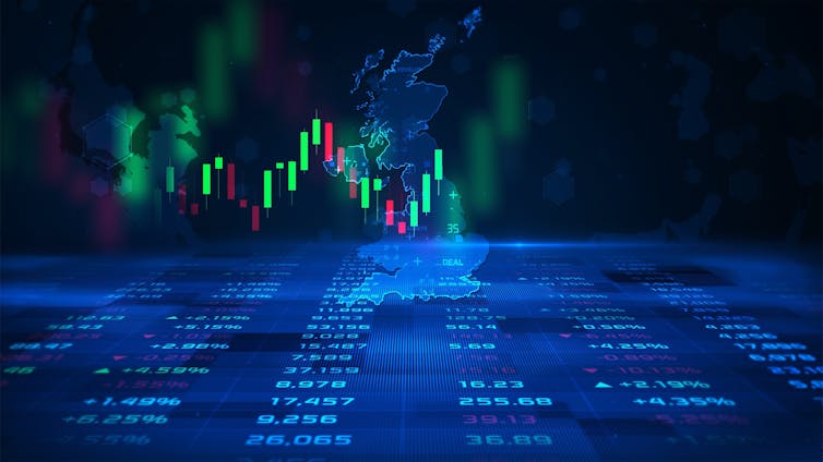 Digital graphic showing financial figures, a bar chart and UK map.