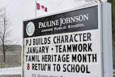 A sign says Pauline Johnson Public School Tamil Heritage month.