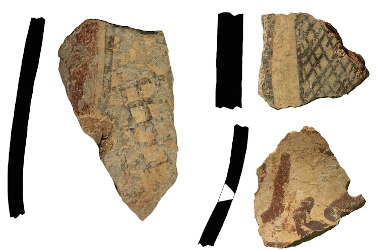 Three pieces of pottery with length measuring scales alongside each.
