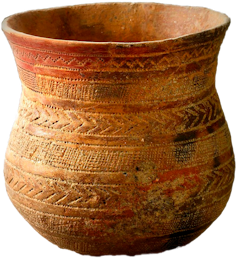 A clay pot with a round curved bottom that narrows before expanding to become a lip.
