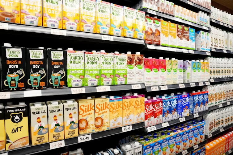 plant-based milk cartons on grocery store shelf