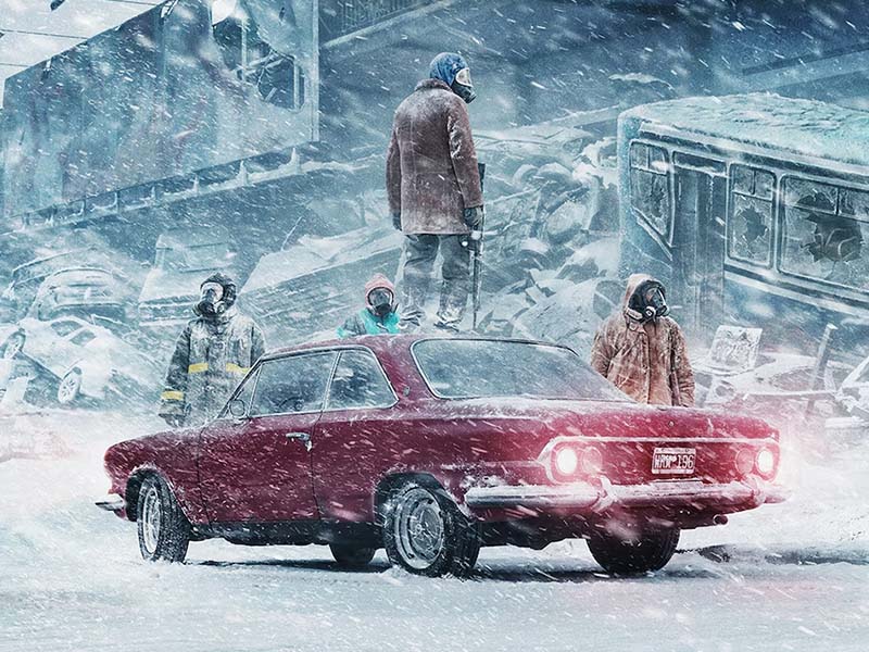 Escena de la serie "El Eternauta" (2025) donde se ve los personajes bajo la nieve tóxica