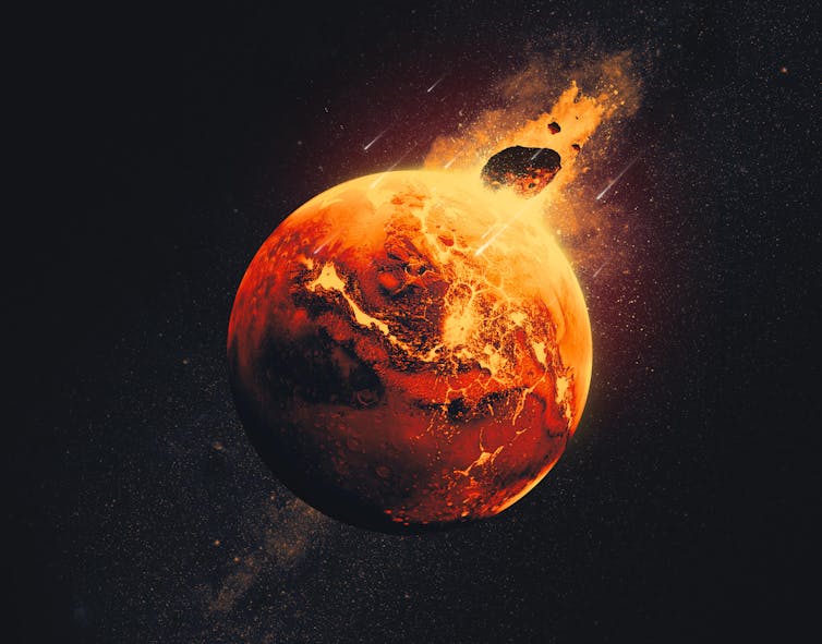 A picture of the red planet, Mars with a large object hurtling towards it.
