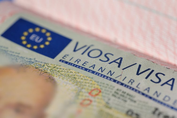 Close up of a travel visa for Ireland