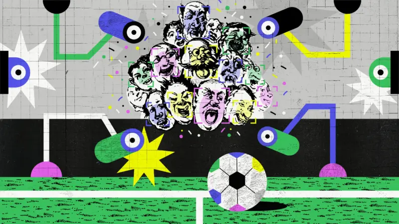 Arte ilustrando las cámaras y la supervigilancia en canchas de fútbol, con cabezas de personas variadas y una pelota 