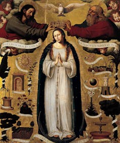 A painting with a gold background shows two men with halos positioning a crown on a young woman's head.