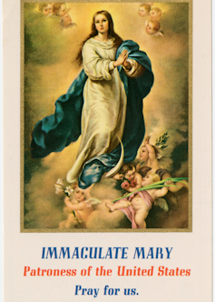 A painting of a young woman in billowing robes standing atop a cloud held up by cherubs.