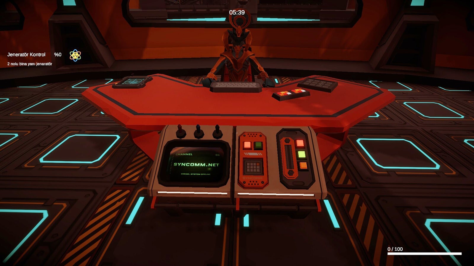 A futuristic control desk with various buttons and screens, featuring a figure in a striking outfit sitting in front