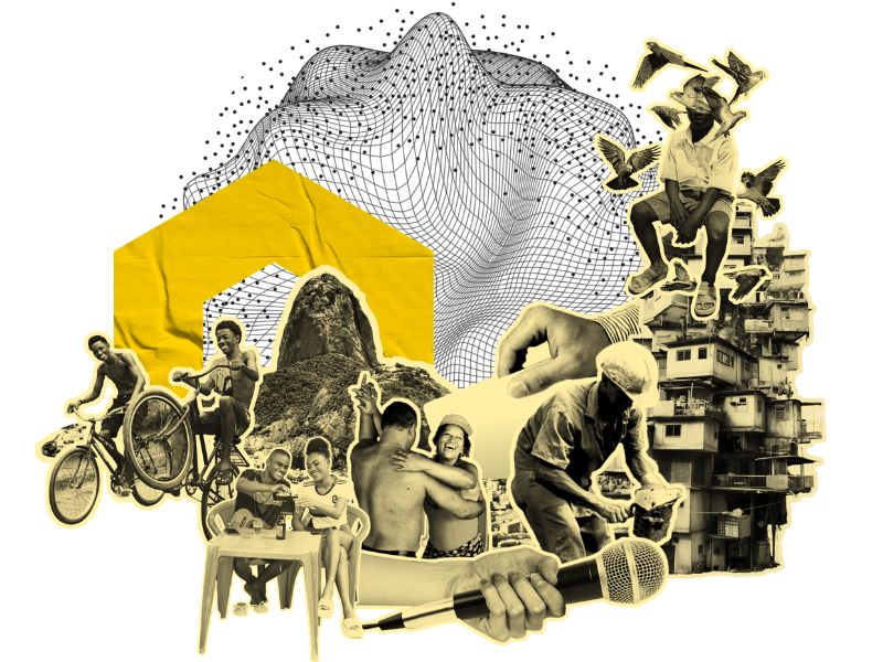 Art with a collage of images showing a favela, people dancing, riding bikes, workers and a graphic of a network