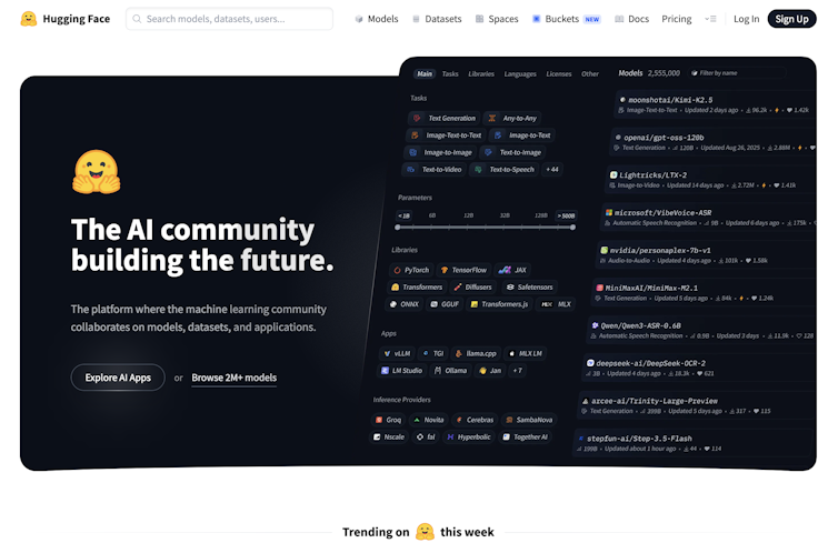 Screenshot of Hugging Face website homepage — a black page with a yellow hugging emoji