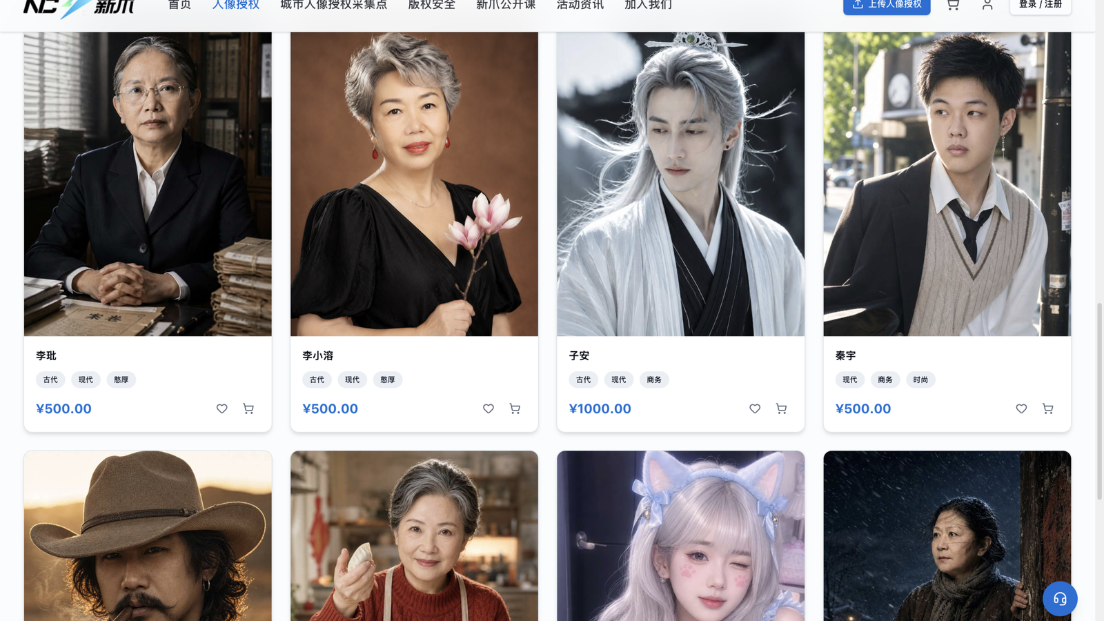 A grid of portraits featuring six individuals in various outfits, each accompanied by a price tag