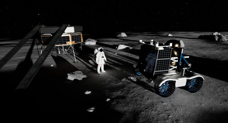 Illustration of astronaut in a spacesuit with equipment on the lunar surface.