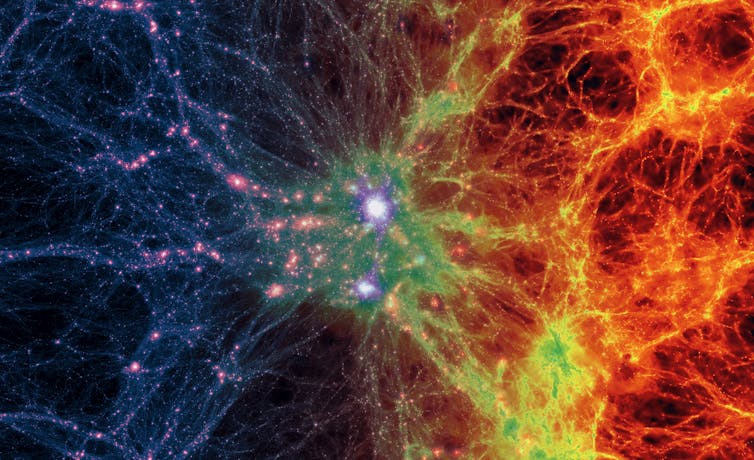 Dark matter forms part of the underlying structure of the universe, known as the cosmic web.