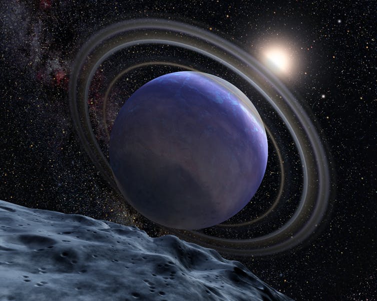 An artistic illustration of the giant planet HR 8799b.