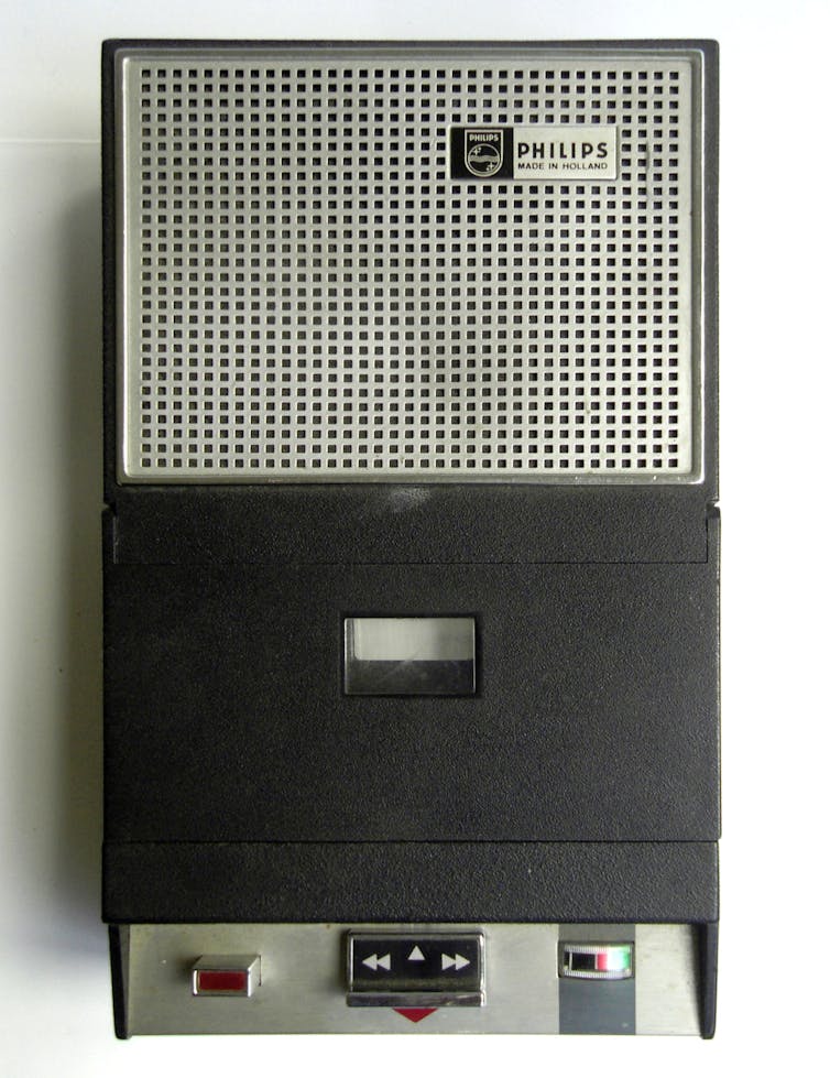 Image of an early compact cassette tape recorder.