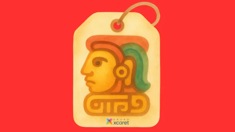 Una etiqueta con un símbolo que pretende ser maya junto al logo del Grupo Xcaret. Todo sobre un fondo rojo.
